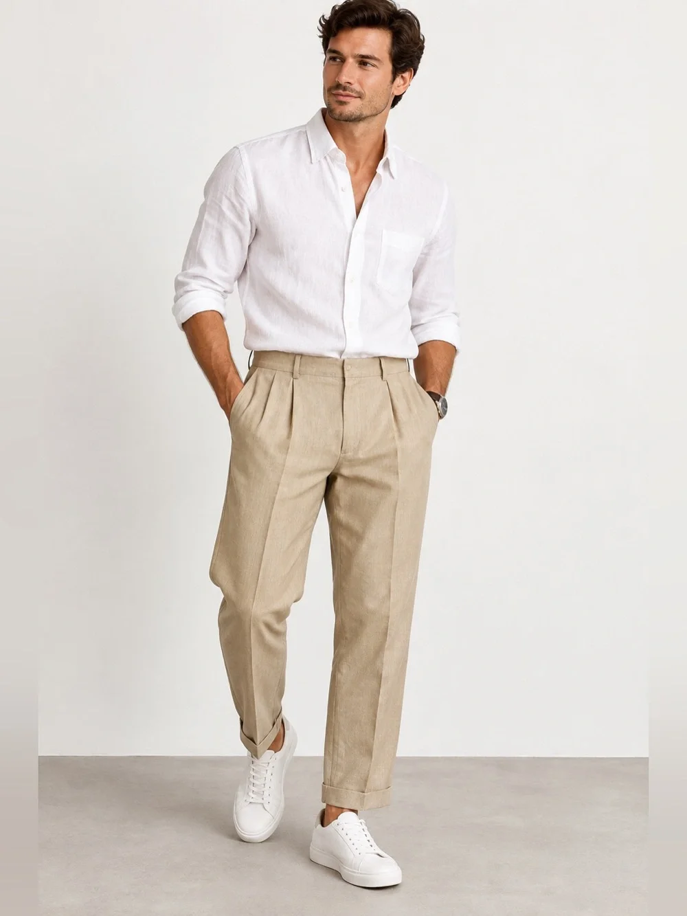 Polo Ralph Lauren Linen Cotton Pleated Cuffed Pants Beige Khaki Preppy Resort